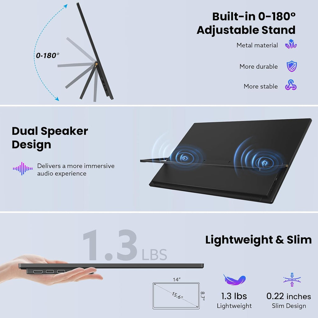 Portable Monitor Touchscreen 15.6'' FHD 1080P USB-C HDMI Ultra-Slim Gaming Display, Built-in Stand Speakers HDR IPS,for Laptop PC Mac Phone PS4/5 Travel Monitors (1080p Touchscreen, 15.6')