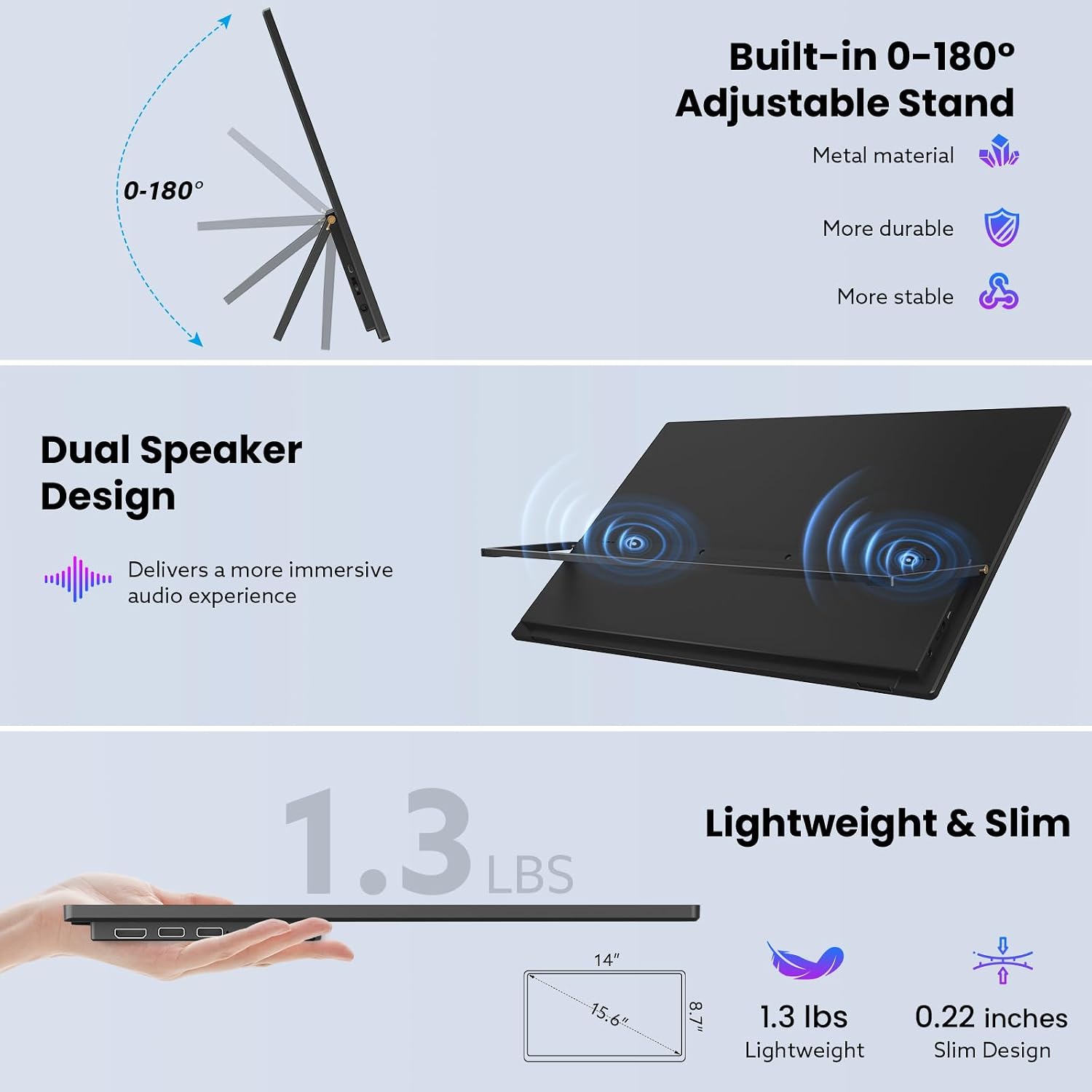 Portable Monitor Touchscreen 15.6'' FHD 1080P USB-C HDMI Ultra-Slim Gaming Display, Built-in Stand Speakers HDR IPS,for Laptop PC Mac Phone PS4/5 Travel Monitors (1080p Touchscreen, 15.6')