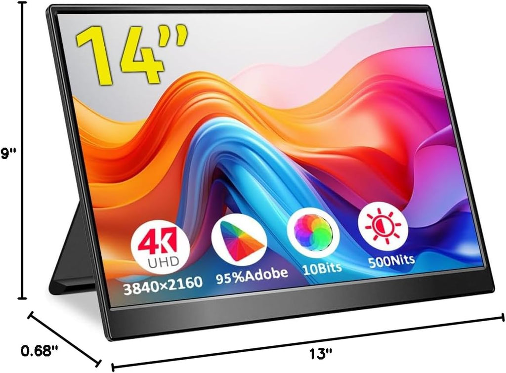 4k Portable Monitor, 14 Inch Portable Monitor USB C, 10-Bit Adobe 95% HDR Game Display with USB C/HDMI/Mini DP Compatible with Laptop/Game Console/PC/Surface