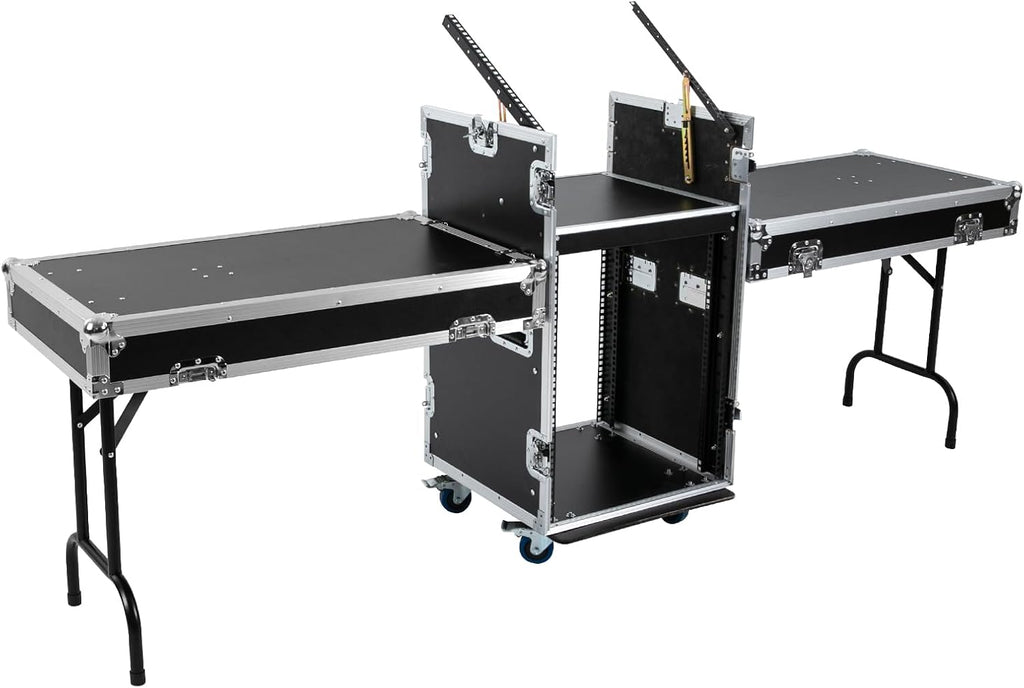 PA DJ Rack,661.39Lbs Heavy Duty Plywood Mobile Studio Equipment Cabinet with 4 Rubber Wheels,Freestanding Audio Rack/Road Case Vertical Rack Recording Studio Cabinet Racks (14U/Side Table) (2 Tiers)