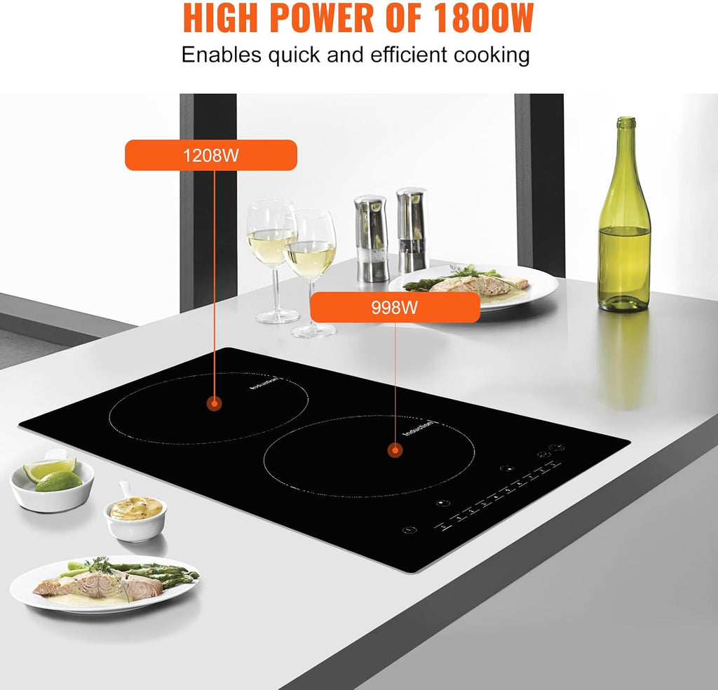 Happybuy Electric Cooktop, 2 Burners, 12'' Induction Stove Top, Built-in Magnetic Cooktop 1800W, 9 Heat Levels, LED Touch Control with Child Lock & Overheat Protection