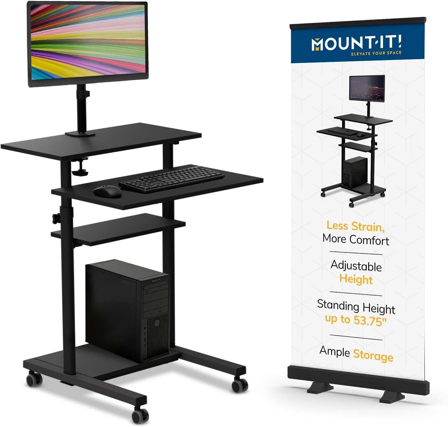 Mount-It! Mobile Computer Cart with Monitor Mount for Screen up to 32', Portable Desk on Wheels, Rolling Laptop Stand for Teachers, Office, Classroom, Rise up to 53', Podium, Keyboard Tray, Black