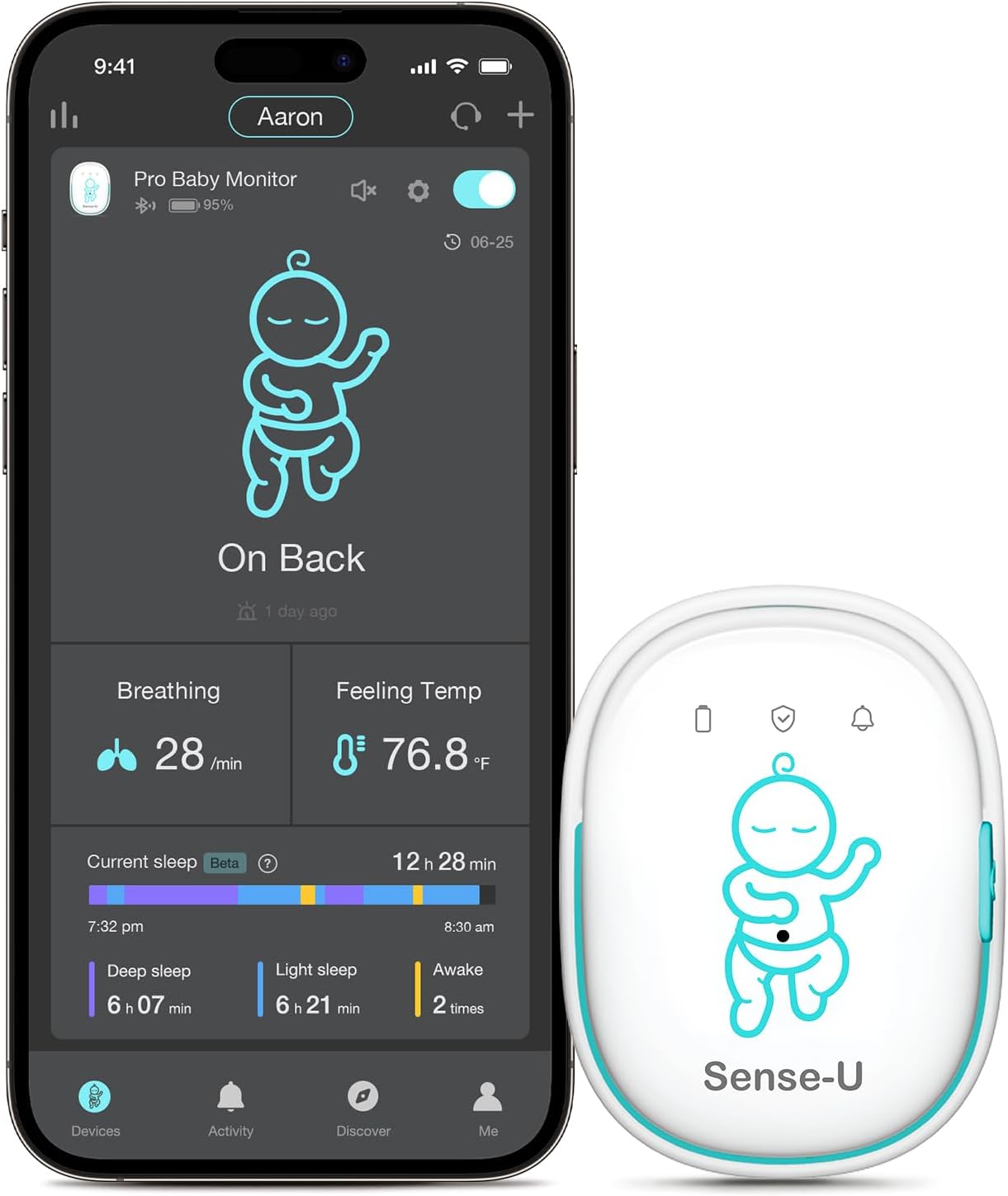 Sense-U Pro Baby Breathing Movement & Sleep Position Monitor with Gentle Vibration Alerts, Temperature Notifications, Audible & App Alerts, Sleep Analysis, Long Battery Life, Easy Clip-On Design