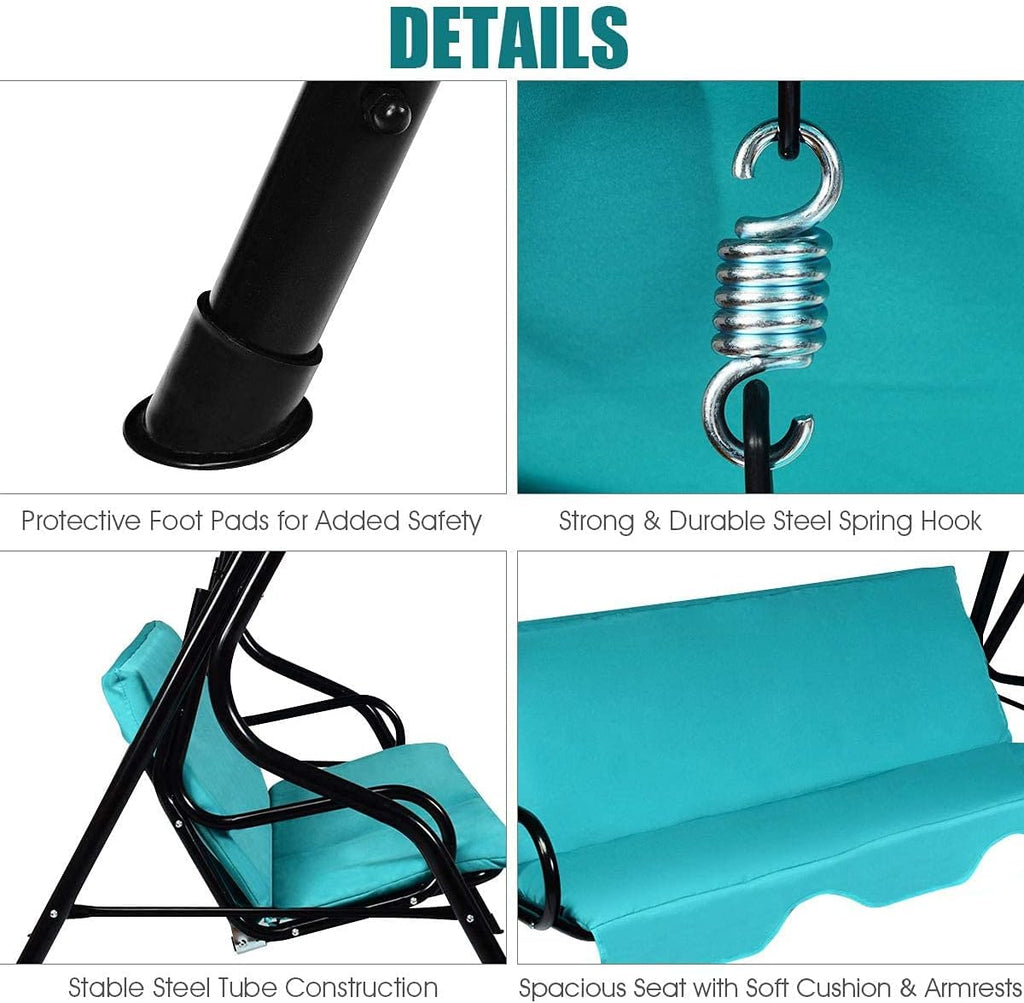 3-Seater Canopy Swing Chair, Waterproof Outdoor Swing Cushioned Seat with Adjustable & Removable Canopy, Steel Frame Polyester Fabric Oxford Cloth Patio Hammock Cover Top (Turquoise)