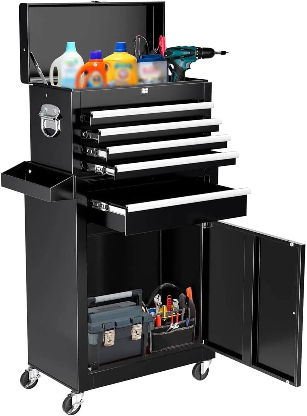 Multifunctional Portable Rolling Tool Chest with Detachable Top Box and Lockable Wheels | Heavy Duty Tool Cabinet with Drawer Liners, for Garage, Warehouse & Repair Shop for Garage(Black)