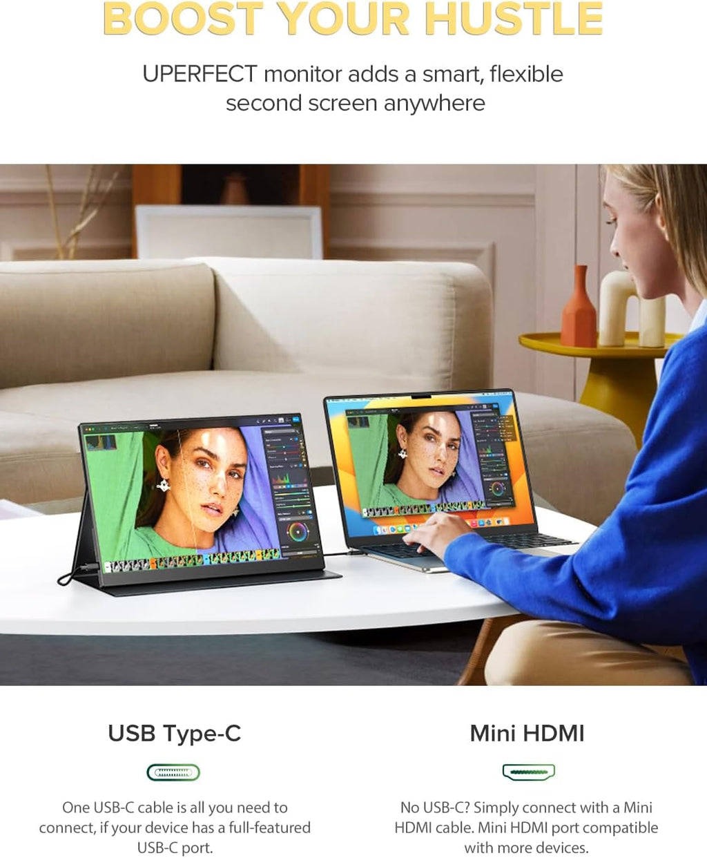 UPERFECT 4K Portable Monitor, 14.5' UHD 3840x2400 Laptop Display with Smart Cover, 16:10 Matte IPS Screen, 125% sRGB, 1.06 Billion Colors, 600 Nits Brightness, Metal Frame for PC/Mac/Phone