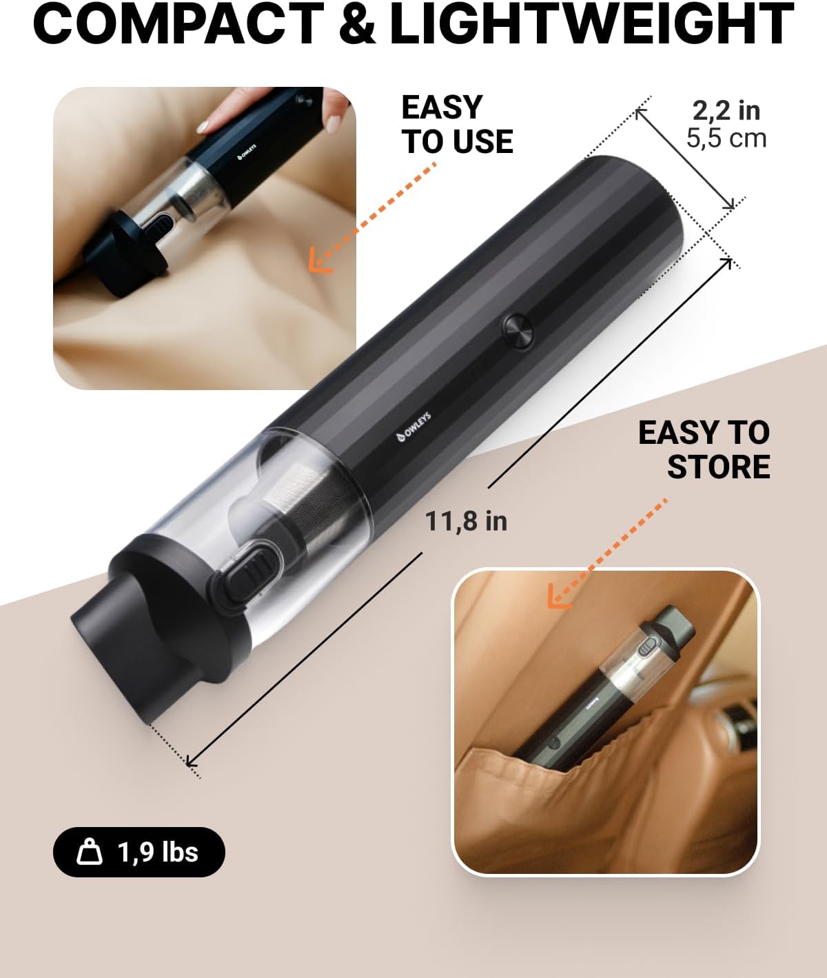 Owleys Portable Handheld Car Vacuum Cleaner with HEPA & Stainless Steel Filter, 6000–16000PA Suction, 85000 RPM Motor, 40-Min Battery Life, Cordless Mini Vacuum for Car, Home, and Office (13, Volts)