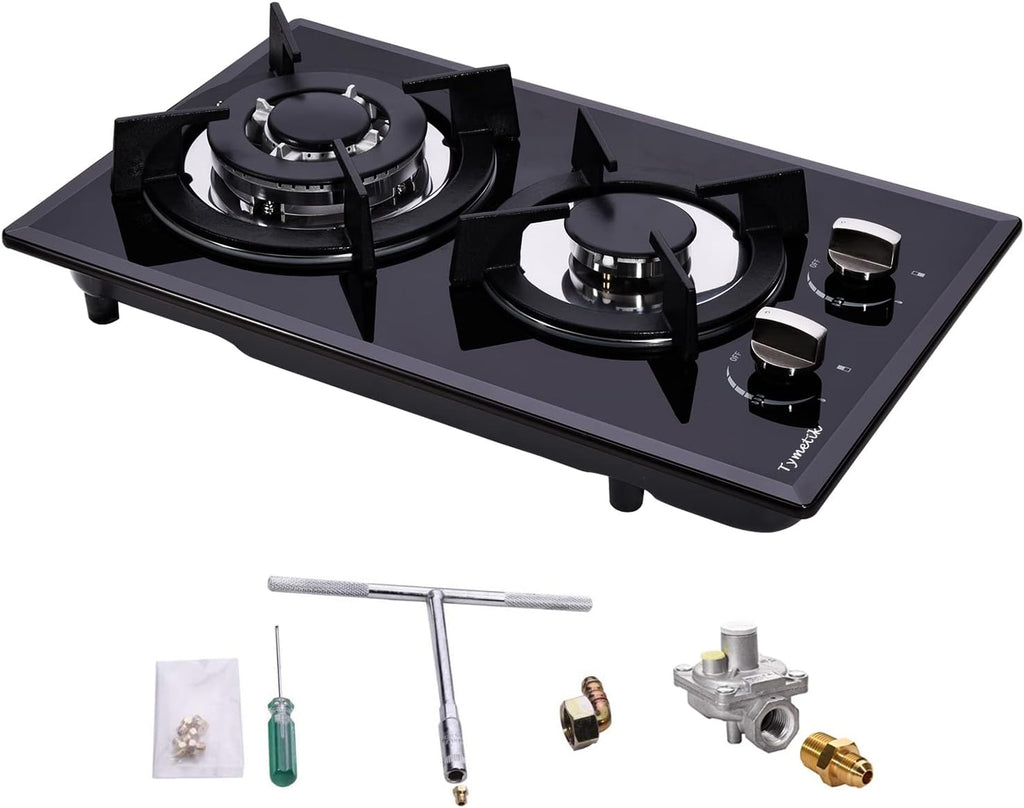 12 Inch Gas Cooktop - 2 Burner Built-in Stovetop with Tempered Glass, LPG/NG Convertible Dual Fuel, Ideal for RVs, Apartments, Outdoor