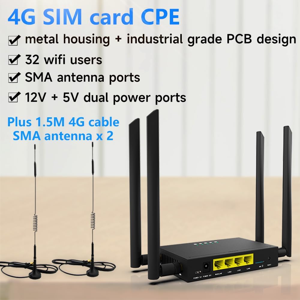 GC111 Industrial Grade 4G CPE LTE SIM Card WiFi Router Tough Iron case 32 WiFi Users RJ45 X 4 Dual Power 12V/5V Big SMA Antennas Plus 1.5M Cable 4G Antennas Multiple Languages