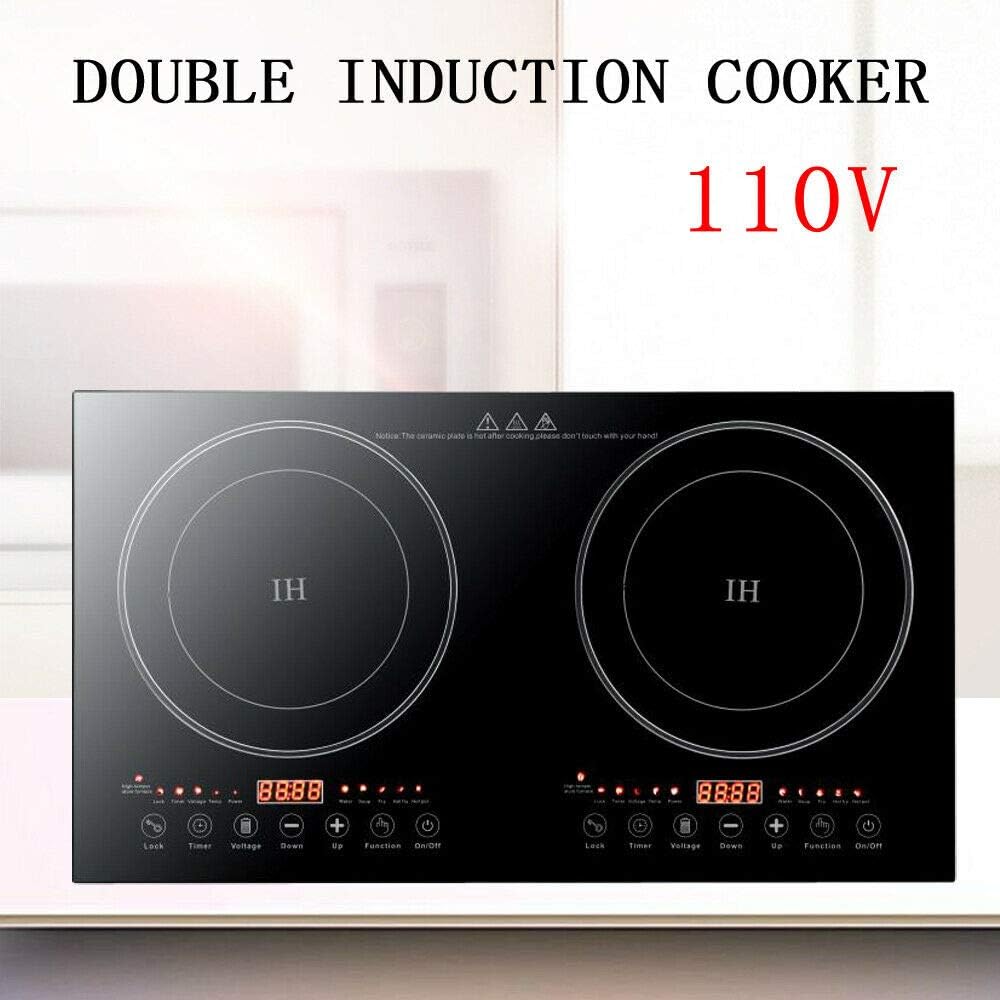 Double Induction Cooker, 1200W 2 Burner Induction Cooker Cooktop, Electromagnetic Oven High Temperature Resistance Double Burner Countertop Cooktop 8 Gear Firepower Dual Induction Hot Plate