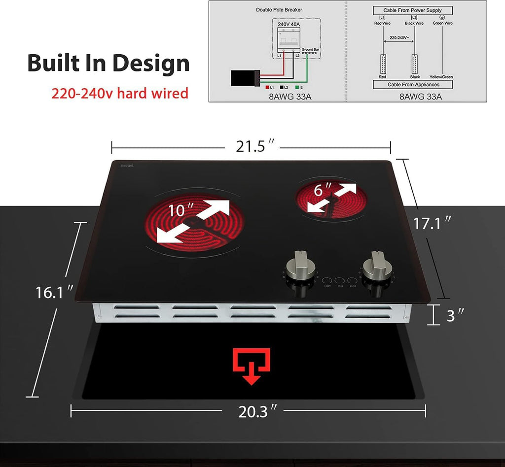 21 Inch 2 Burners Electric Cooktop 3700W Apartment Electric Stove Top Double Radiant, UL Certified, 9 Heating Level Knob Control, Overheating Protection, 110V-240V Ceramic Glass Cooktop