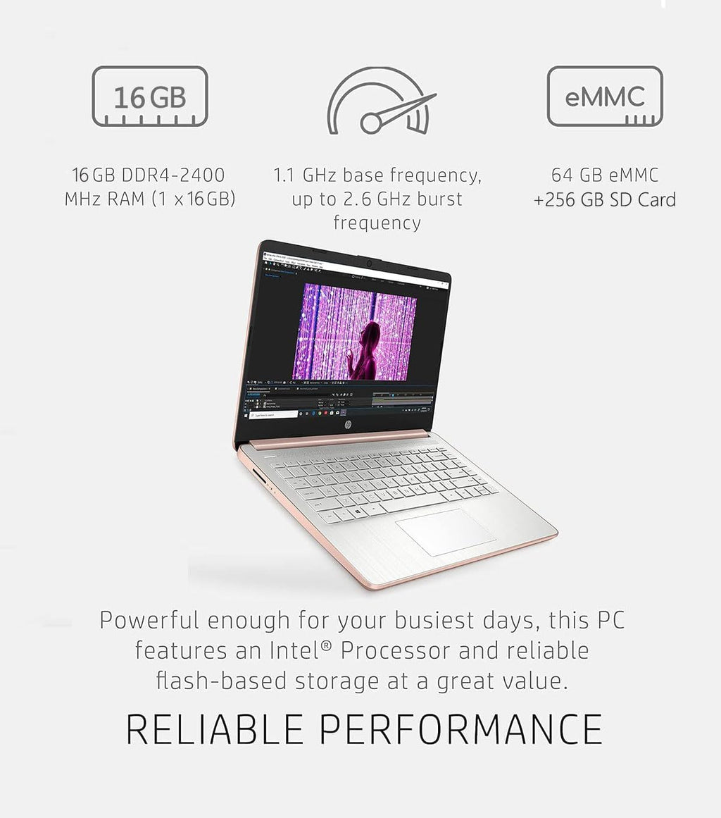 HP 14in School and Business Laptop, Intel Quad-Core N4120 CPU, 16GB RAM, 64GB eMMC, 256GB Micro SD, 1-Y Office 365, Webcam, HDMI, WiFi, Win 11 S(Rose Gold)