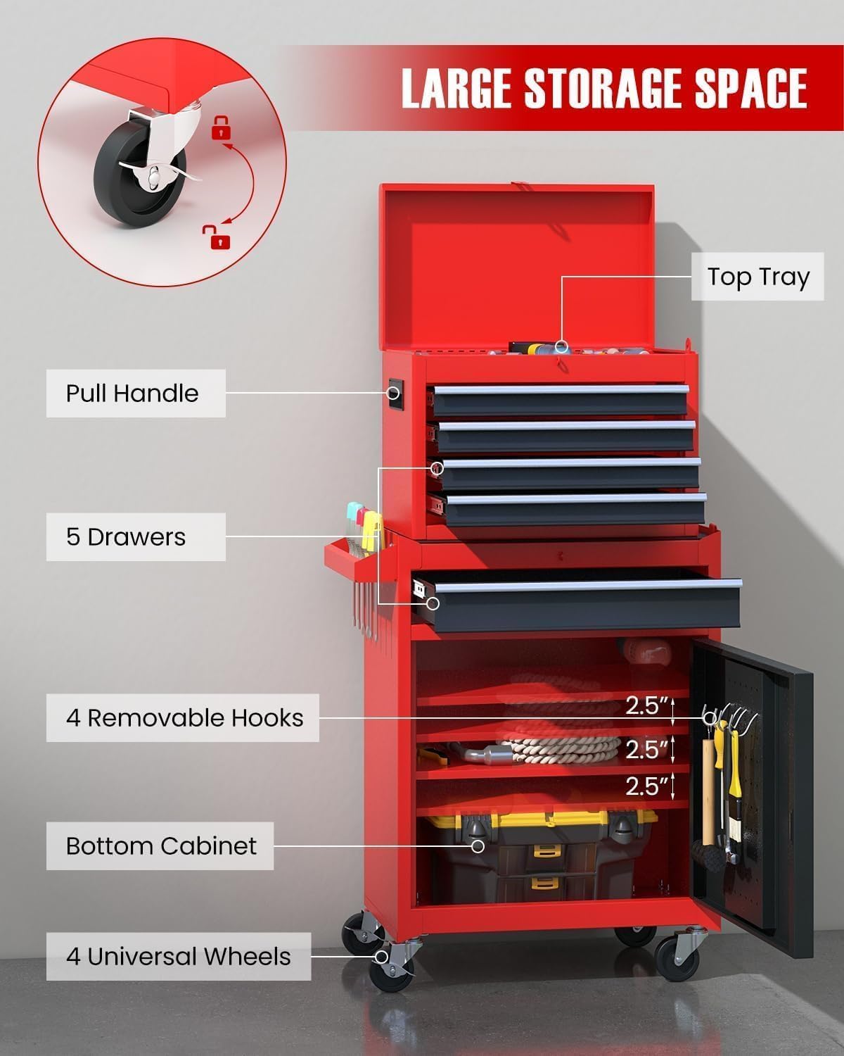 ARNOT 2-in-1 Rolling Tool Chest with 5 Drawers, Heavy-Duty Metal Tool Box with Wheels, Detachable Top Tool Box & Rolling Tool Cabinet for Garage, DIY, Mechanics, Red+Black