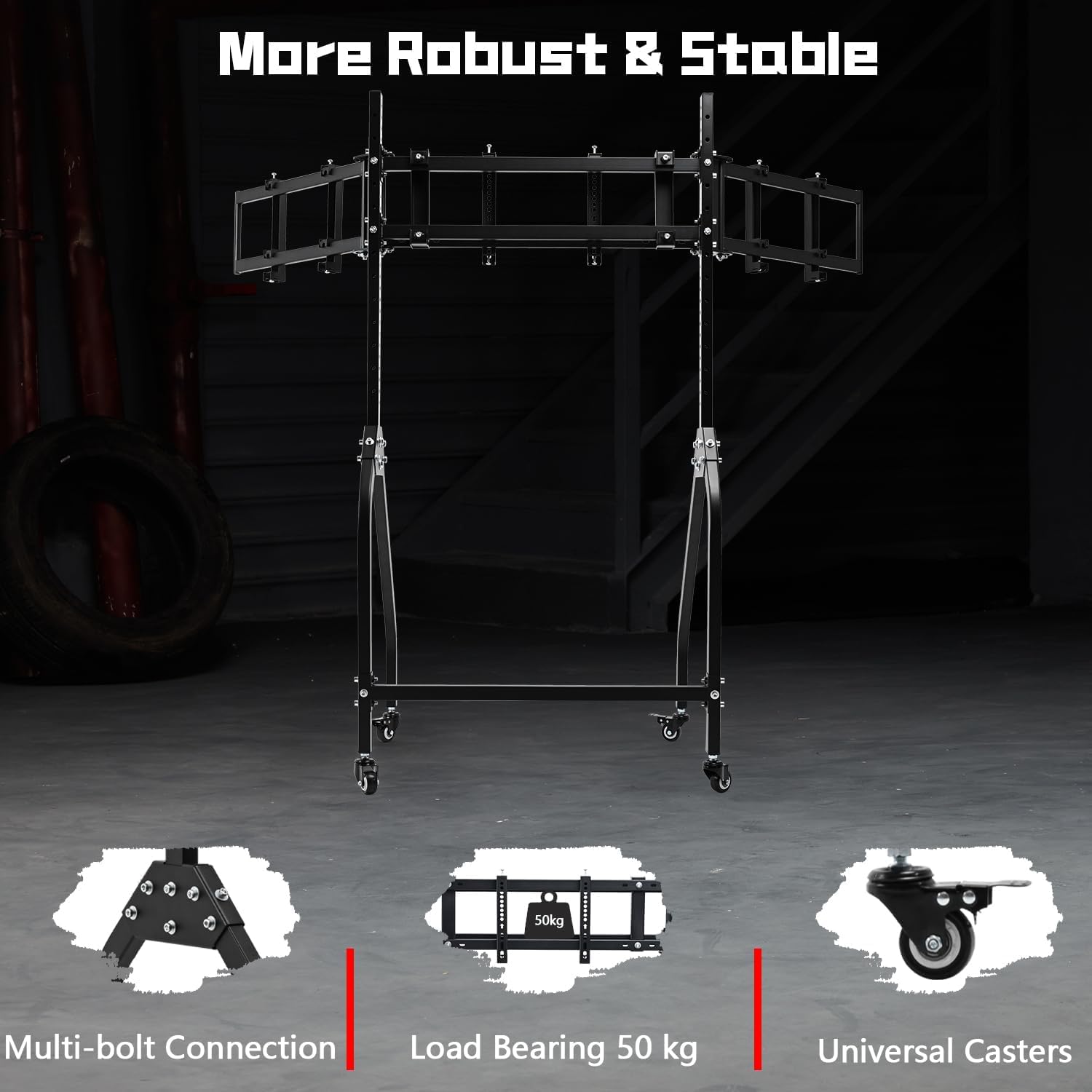 Dardoo Triple Monitor Stand with Brake Casters – Ergonomic Height/Tilt/Spacing Adjustment for 27 to 32 inch Monitors, Gaming Workstation Setup