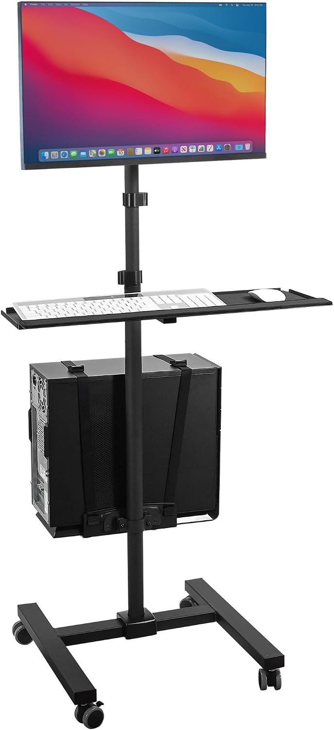 Mount-It! Rolling Computer Cart on Wheels, Mobile Desk Workstation with Monitor Mount for up to 32' Screen, Full Keyboard Tray, Floating Adjustable CPU Holder, Standing up to 70' Tall