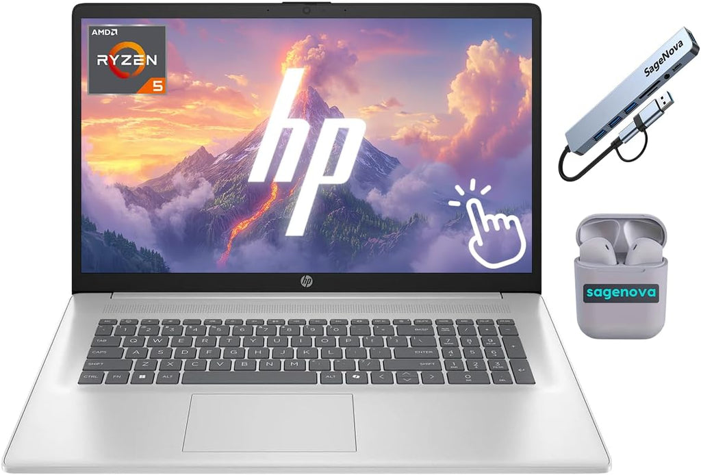 HP 17.3' Touchscreen Laptop Computer, Windows 11 Laptop 64GB RAM 2.5TB Storage (2TB SSD+512GB Docking Station Set), AMD Ryzen 5 7430U, HD+ 1600 x 900 Display, Copilot AI, SageNova Earphones, Silver