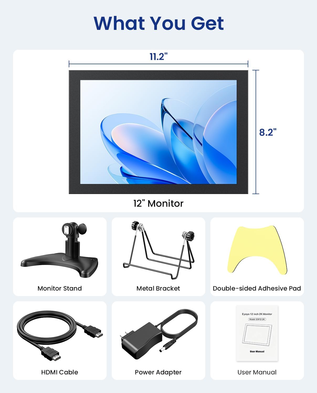 Eyoyo 12-inch 2K Portable Monitor, QHD 2400x1600 IPS Small HDMI VGA Display, Metal Build External Screen Second Monitor for Laptop PC Raspbery Pi PS5 Switch CCTV