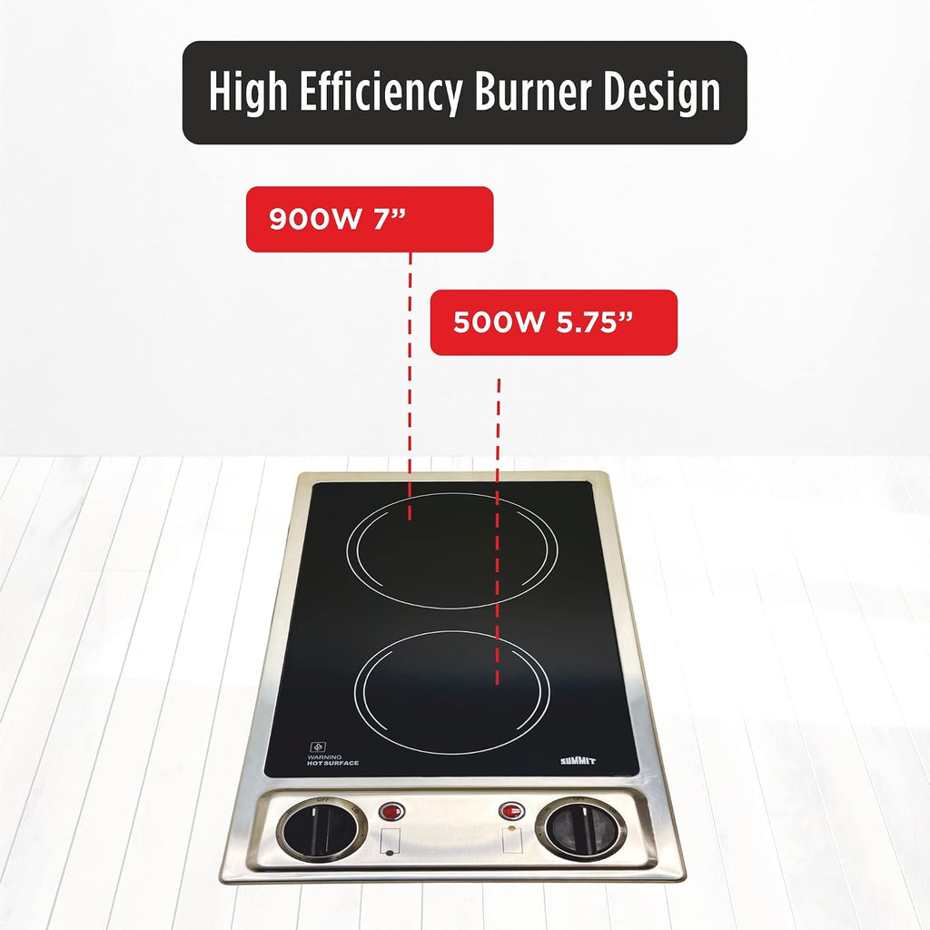 Summit CR2B120 12-inch Wide 115V 2-Burner Radiant Electric Cooktop, Jet Black Glass Easy to Clean, Two Burner Total 2400W, Push-to-Turn Knob Control, Indicator Light, Hot Warning, Easy Plug-In
