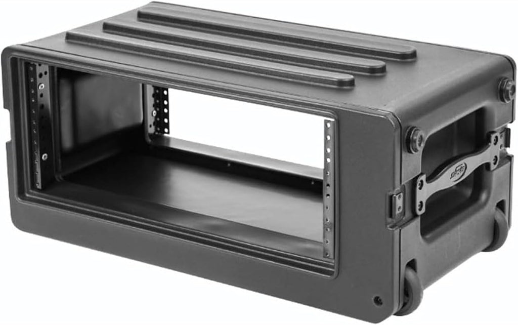SKB 4U rSeries Shallow Rolling Rack with Integrated Back Wheels and 1-Touch Pull Handle, Comes with 8 Rack Units and Interlocking Molded Stacking Bars