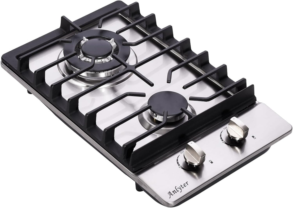 12 Inch Gas Cooktop, 2 Burners Built-in Gas Stovetop Stainless Steel Gas Stove Top Propane/Natural Gas Convertible Sealed Gas Cooktop for RVs, Apartments, Outdoor