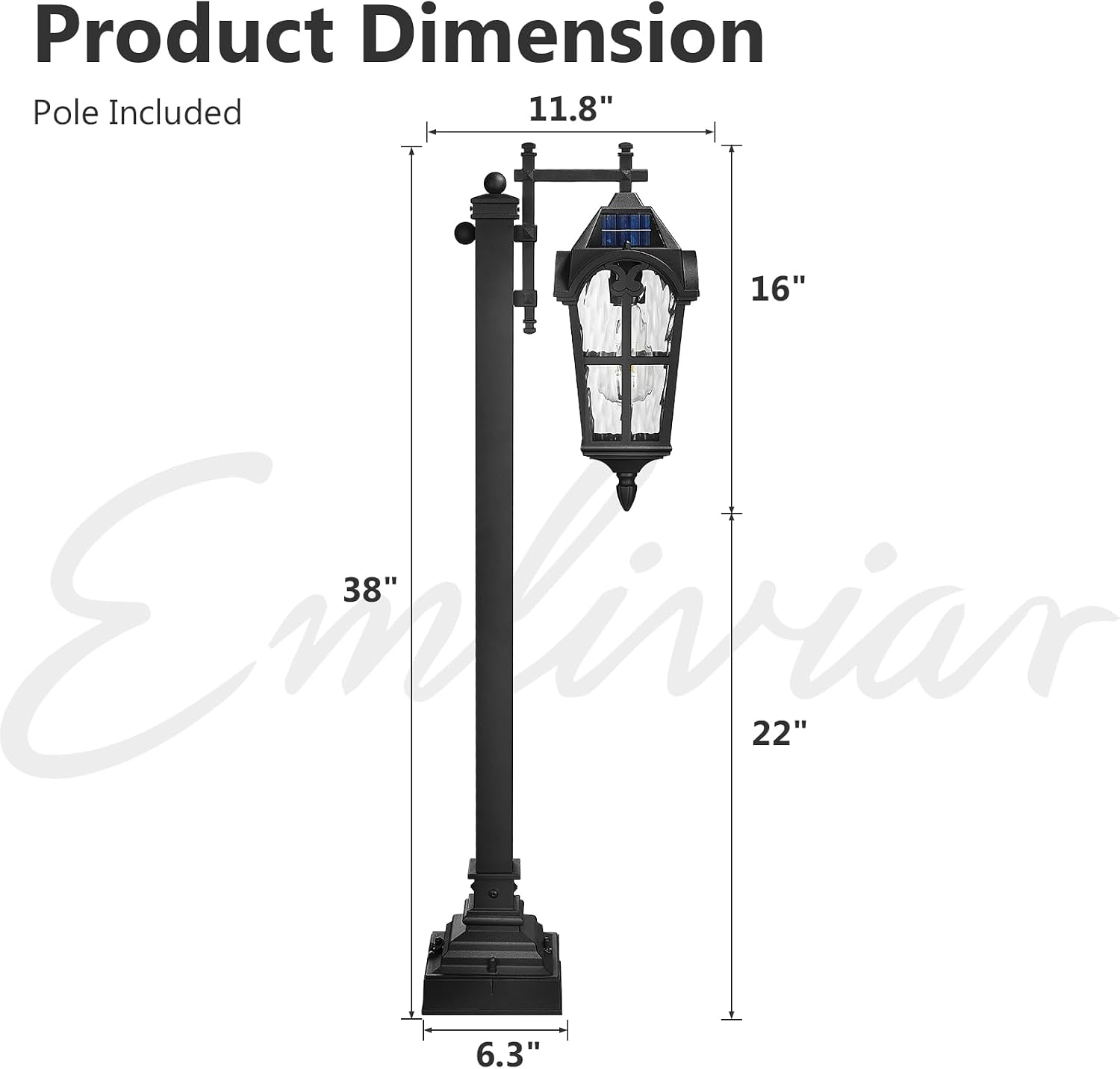 Emliviar Solar Pathway Light Outdoor, Garden Landscape Lighting Waterproof, 2700K LED Post Lamp with Remote Control, Black Pole Lantern with Water Ripple Glass, XE307PL-SL BK
