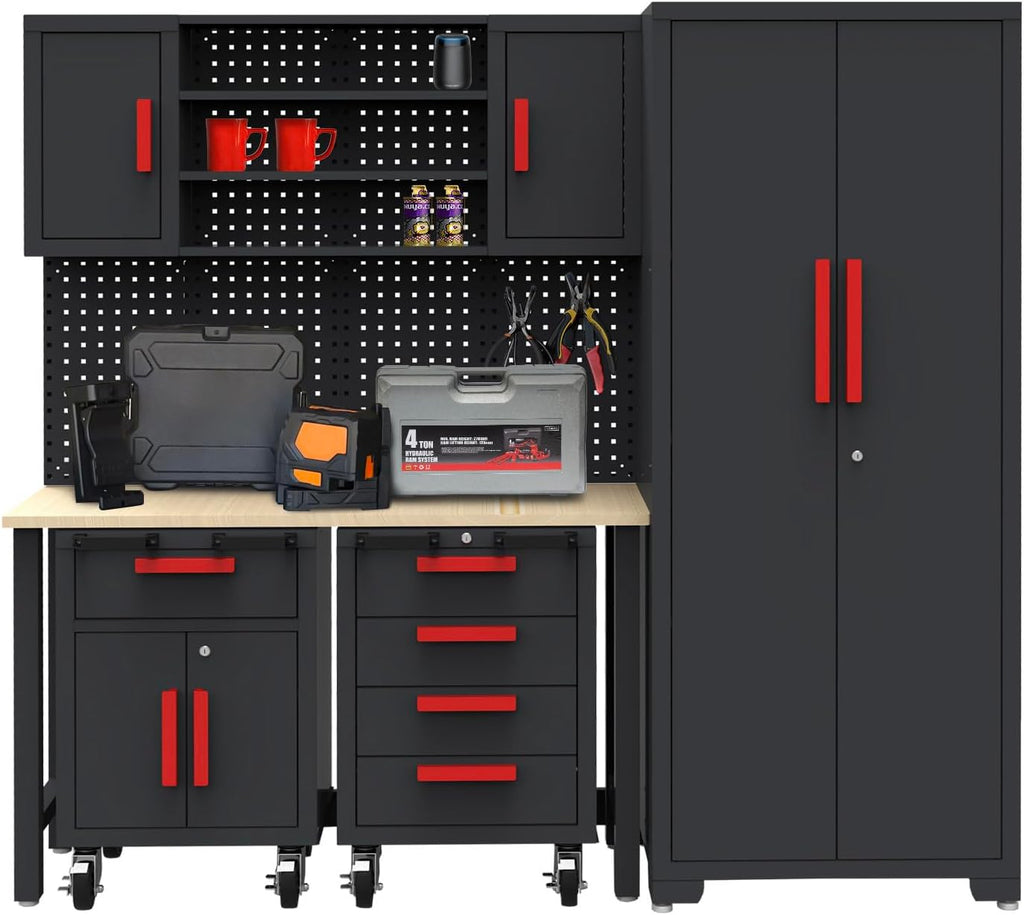 6-Pcs Garage Storage Cabinet System - Garage Workshop Set with Steel Cabinet Drawers, Rolling Chest, Workbench, Pegboard for Tool Organization