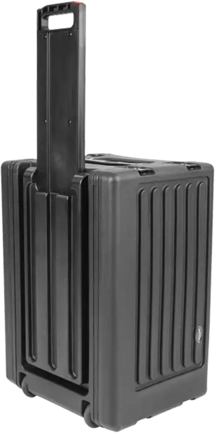 SKB 6U rSeries Shallow Rolling Rack with Integrated Back Wheels and 1-Touch Pull Handle, Comes with 8 Rack Units and Interlocking Molded Stacking Bars