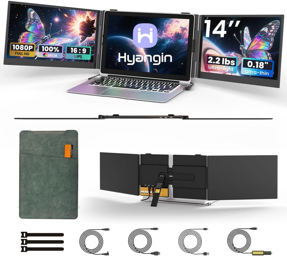 Hyangin Triple Laptop Screen Extender 14-inch, 2026 Upgraded Ultra-Slim 1080P FHD Displays for Laptop, Ultra-Light Triple Monitor for 13.3-17.3' Laptops, Compatible with Windows/Mac/Chrome OS/Phones