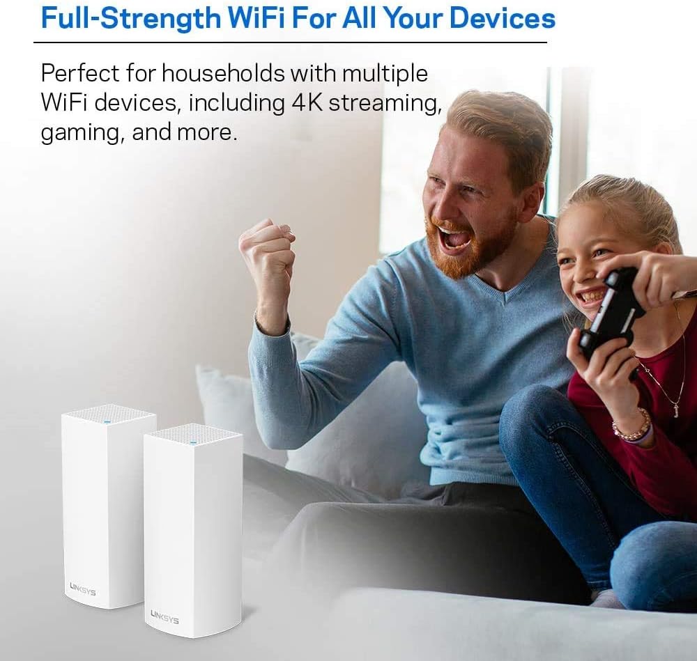 Linksys Velop Mesh Home WiFi System, 4,000 Sq. ft Coverage, 40+ Devices, Speeds up to (AC2200) 2.2Gbps - WHW0302