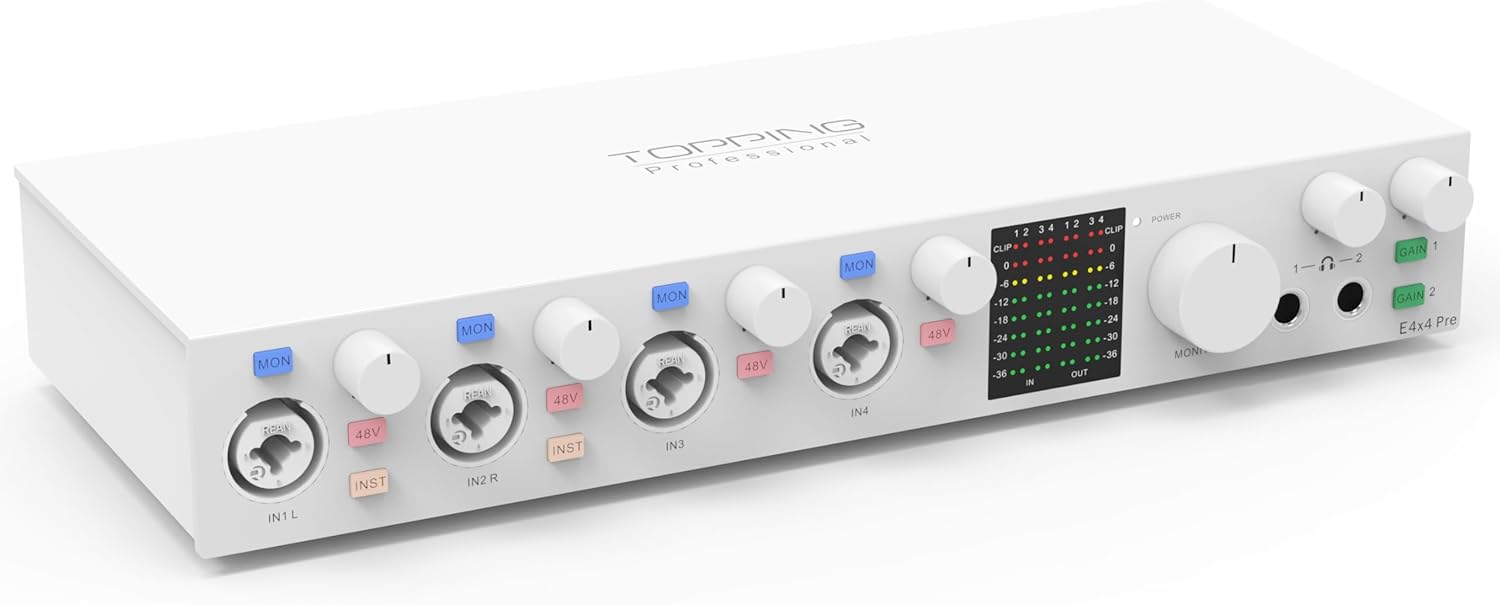 TOPPING E4X4 Pre USB Audio Interface - Dual USB-C Ports, 24bit/192kHz, 4IN/4OUT, Dual Headphone Outputs, Low Noise, Real-Time Monitoring, Mixer, for PC, Mac, iPhone, Professional Recording (White)