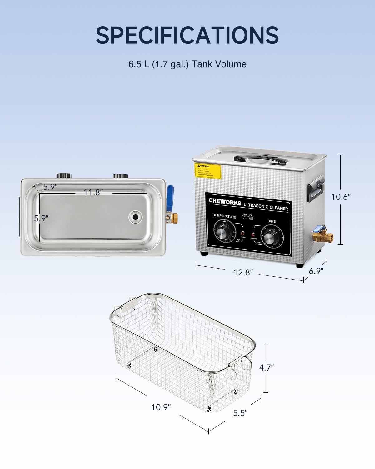 CREWORKS 6.5L Ultrasonic Cleaner with Knob, 1.7 gal 120W Professional Industrial Auto Cleaning Machine for Tools Watch Glasses Retainer Denture Parts, 40kHz Digital Heated Sonic Cavitation Cleaner