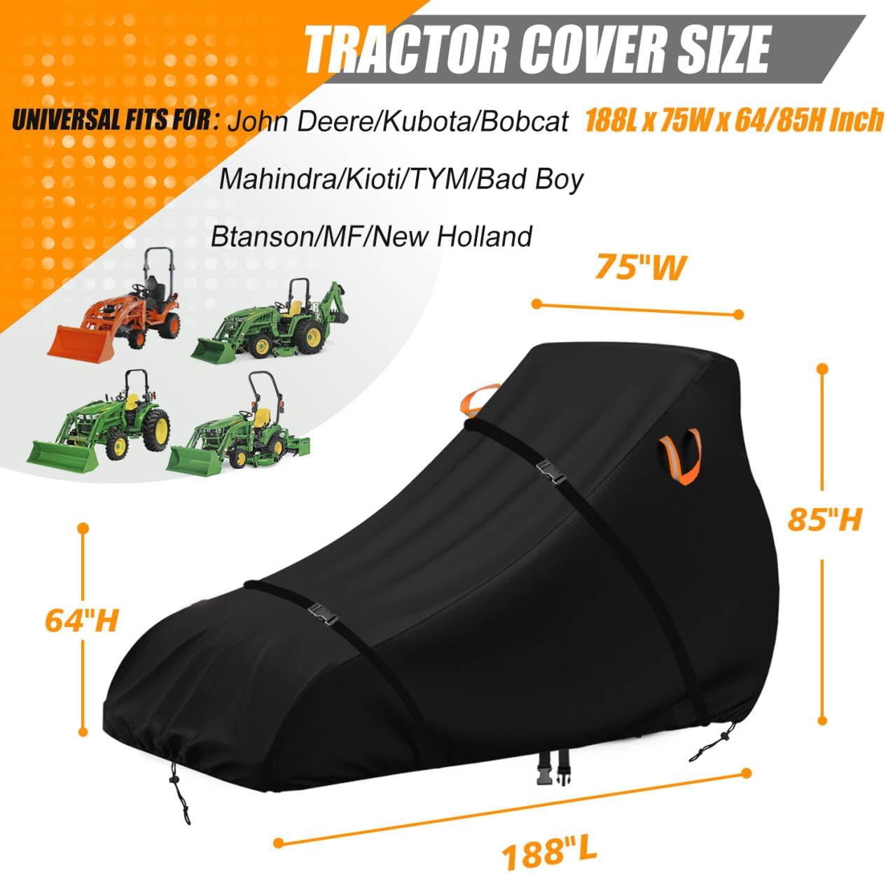 Compact Tractor Cover,Farm Riding Utility Tractor Full Covers Waterproof Heavy Duty,Durable Anti-UV 600D Polyester,Fits for John Deere, Kubota, Yanmar,Kioti,Bobcat,189' Lx75 Wx85 H-Aibiley