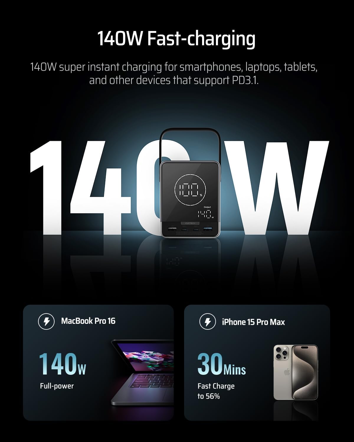 CUKTECH 30 140W Power Bank Station 40,000mAh(4S1P), 144Wh Portable Power Station for Travel/Outdoor Camping, Multi-Port for 5 Devices, Fast Charging for Laptop, iPhone, Camera, Drone, and More