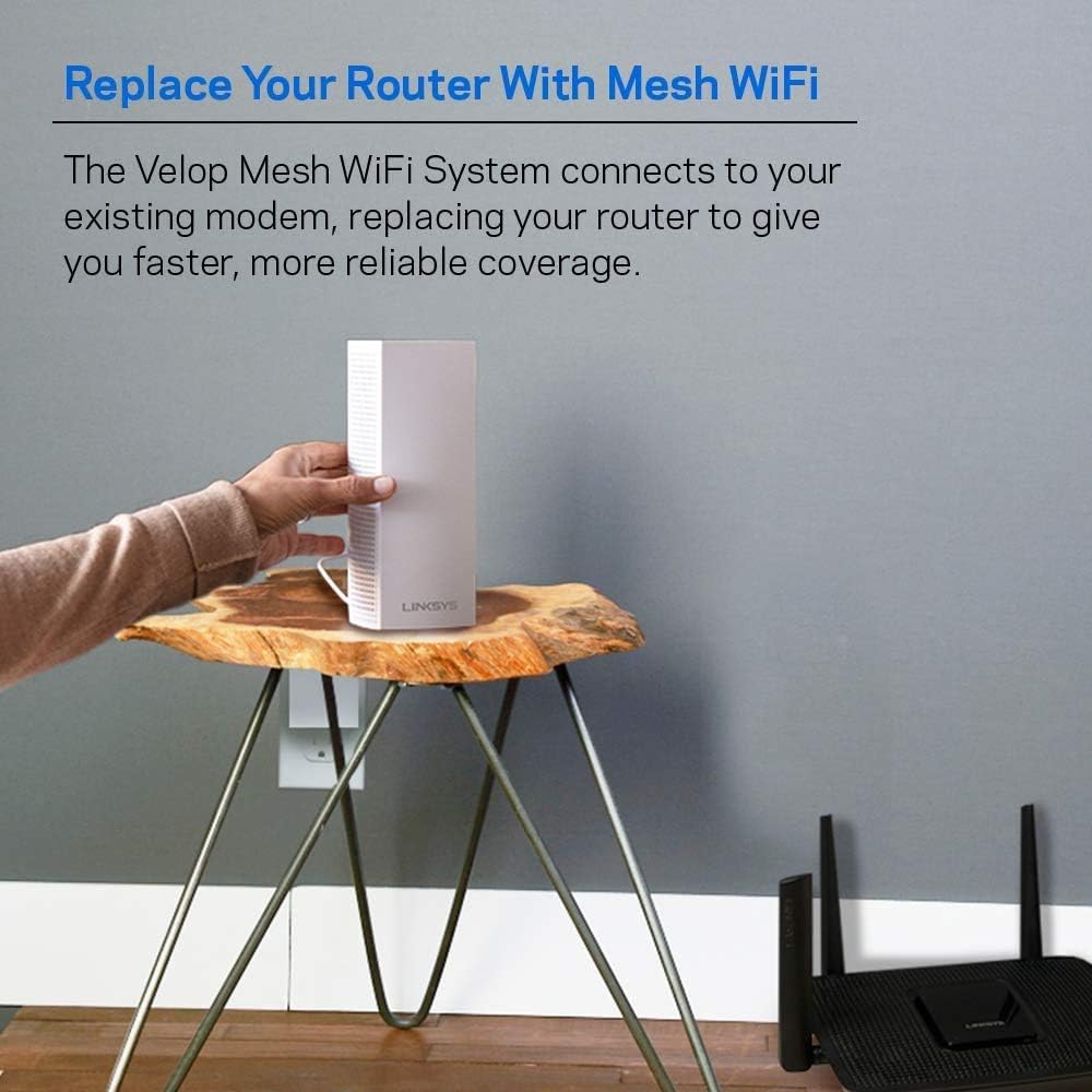 Linksys Velop Mesh Home WiFi System, 4,000 Sq. ft Coverage, 40+ Devices, Speeds up to (AC2200) 2.2Gbps - WHW0302
