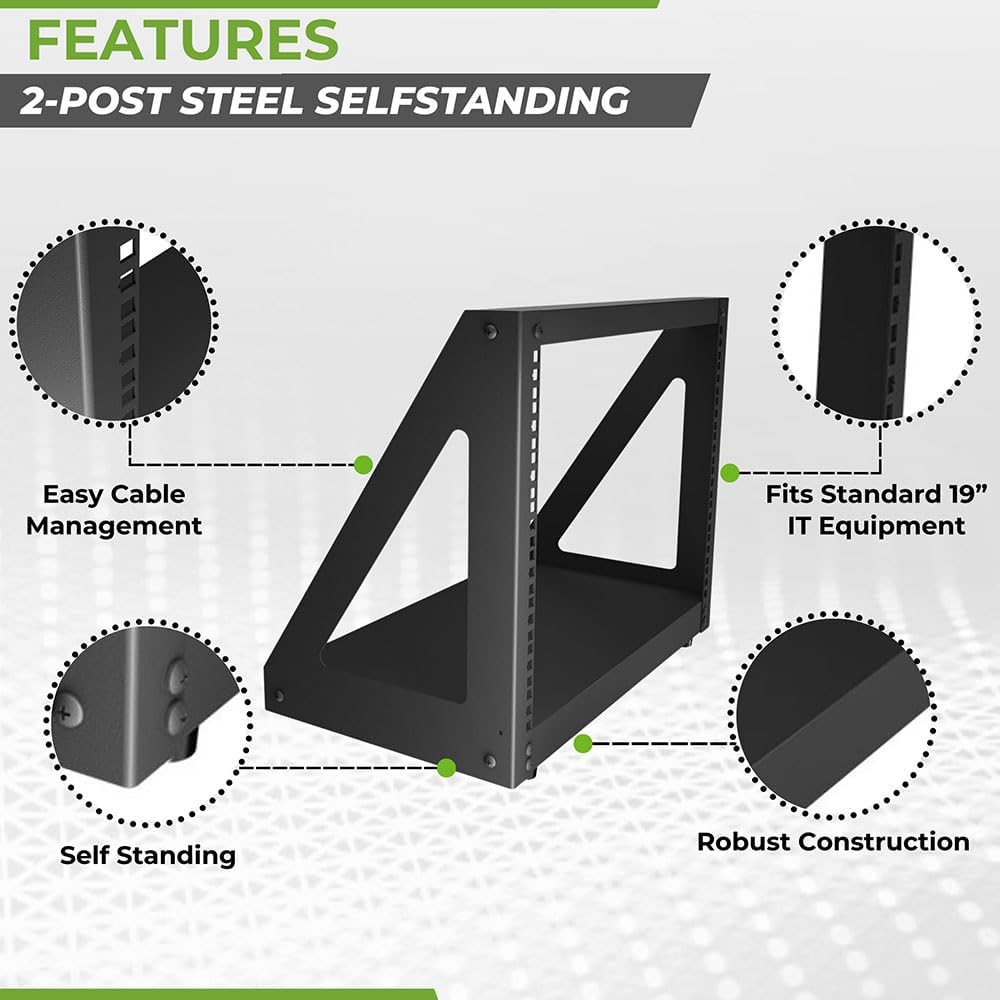 NavePoint 8U 2 Post Server Rack for 19 Inch Equipment, Freestanding Desktop Rack for AV, Networking, Data & IT Devices, Heavy Duty 2-Post Rack 8U 330lbs Weight Capacity, Black