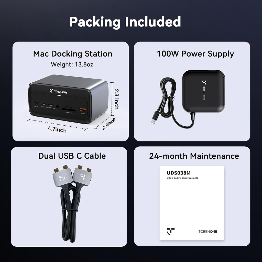 TobenONE MacBook Docking Station Dual 4K@60Hz, 16-in-2 USB C Docking Station with 2 HDMI Ports, 7 USB Ports, 100W GaN Power Supply & 20W Charging, 2.5Gbps Ethernet, for Home & Office