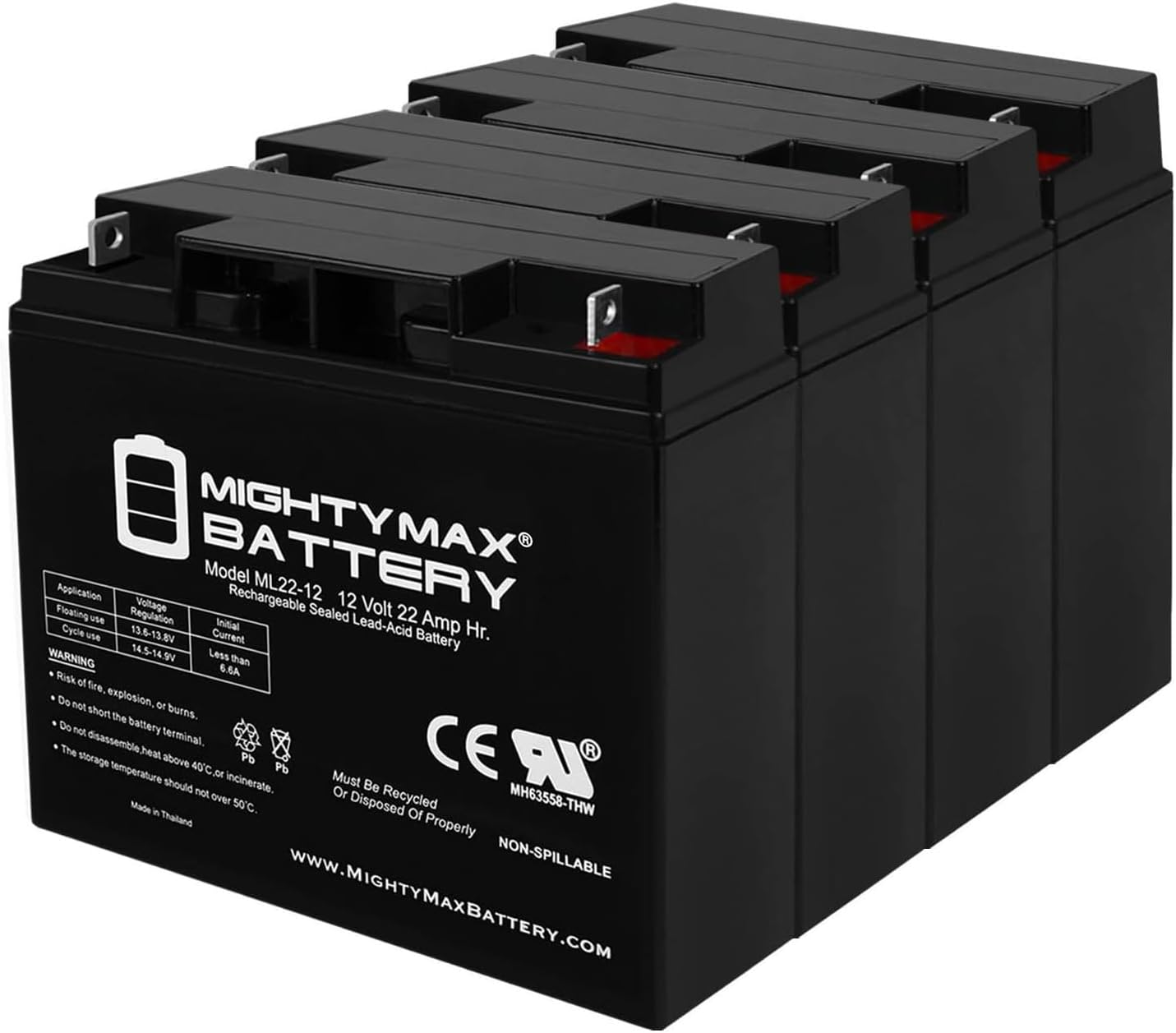 Mighty Max Battery ML22-12 - 12 Volt 22 AH, Nut and Bolt (NB) Terminal, Rechargeable SLA AGM Battery - Pack of 4