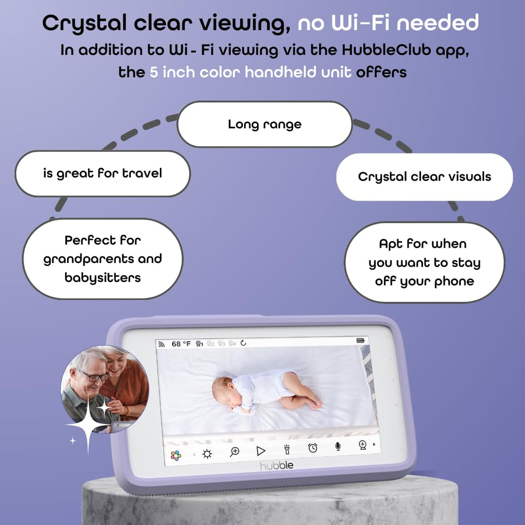 HUBBLE CONNECTED SkyVision AI Pro Baby Monitor — Baby Camera Monitor w/Covered Face, Rollover & True Cry Detection, Sleep Trainer, Soother & More — w/Touch Screen HD Parent Unit, Crib Mount System