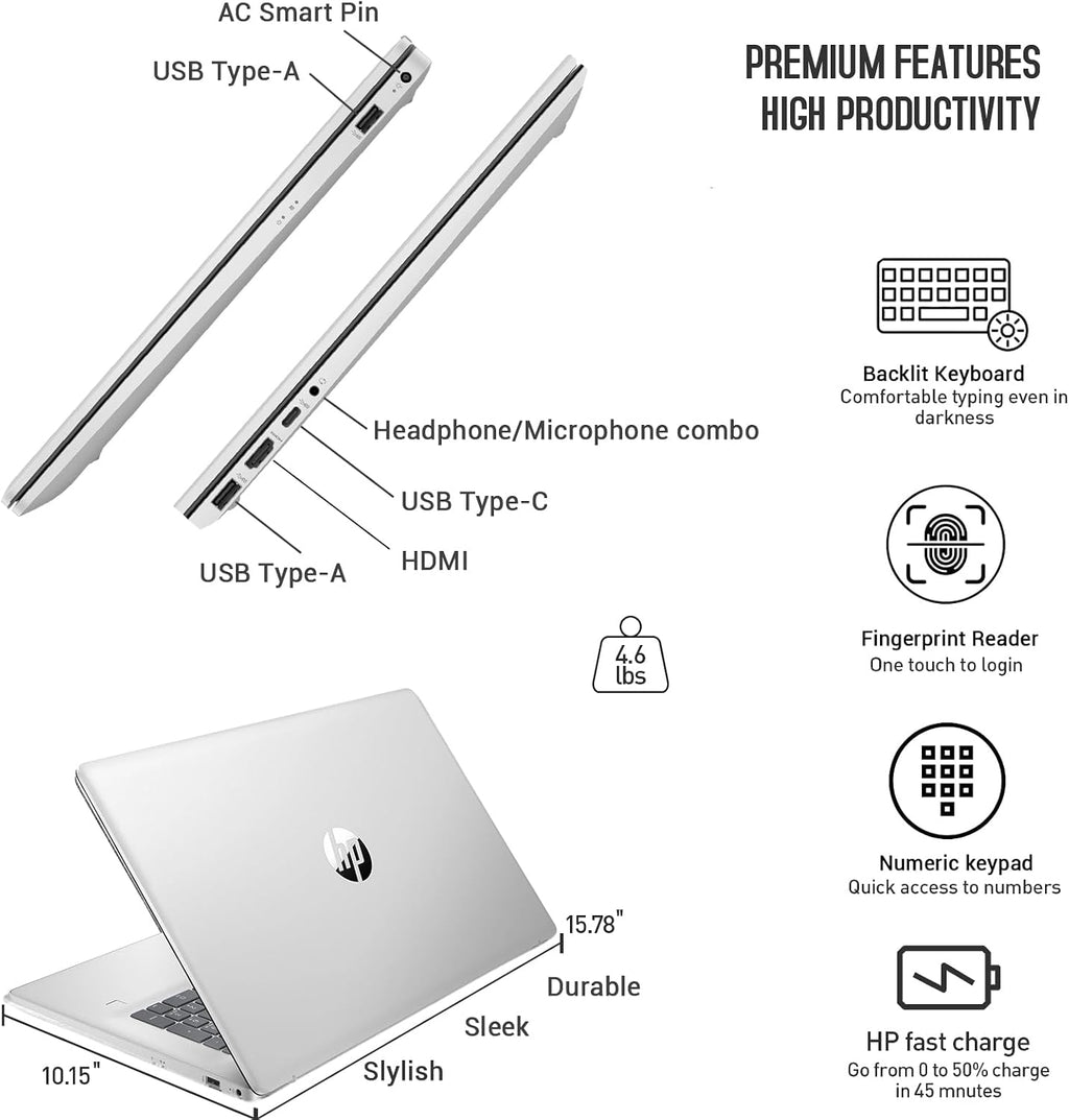 HP 17 Inch Laptop Touchscreen Computer, 17.3 HD+ Touch Screen Business Laptop PC, Intel 10-Core i7, Windows 11 Pro, Backlit Keyboard | Number Pad | Fingerprint | Wi-Fi 6 | 64GB RAM 2TB SSD | Sliver