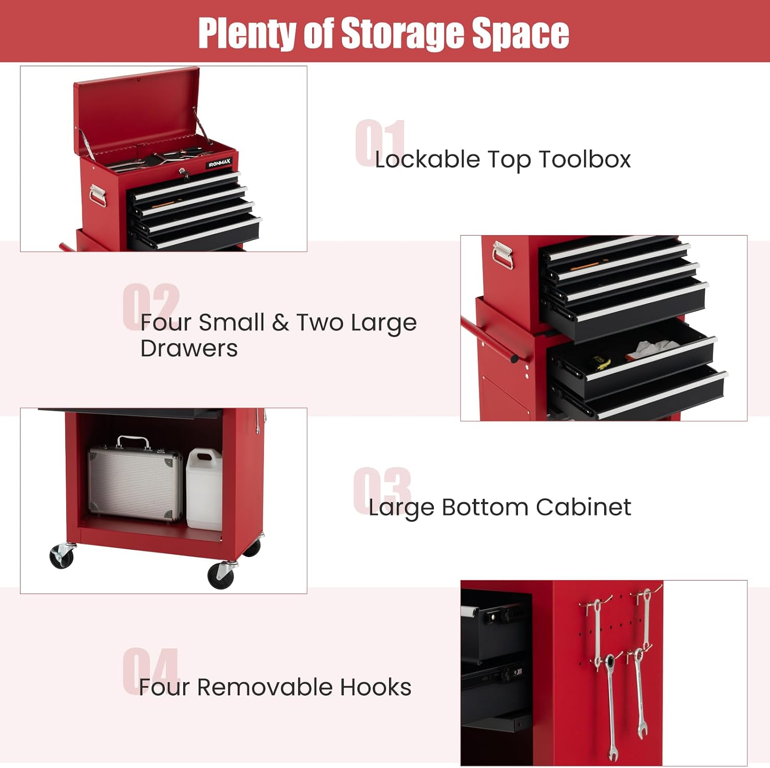 IRONMAX Rolling Tool Chest, 6-Drawer Lockable Tool Cabinet w/ 4 Universal Wheels, 2 in 1 Detachable Tool Box Storage Organizer for Garage Workshop Repair Shop (6-Drawer, Black & Red)