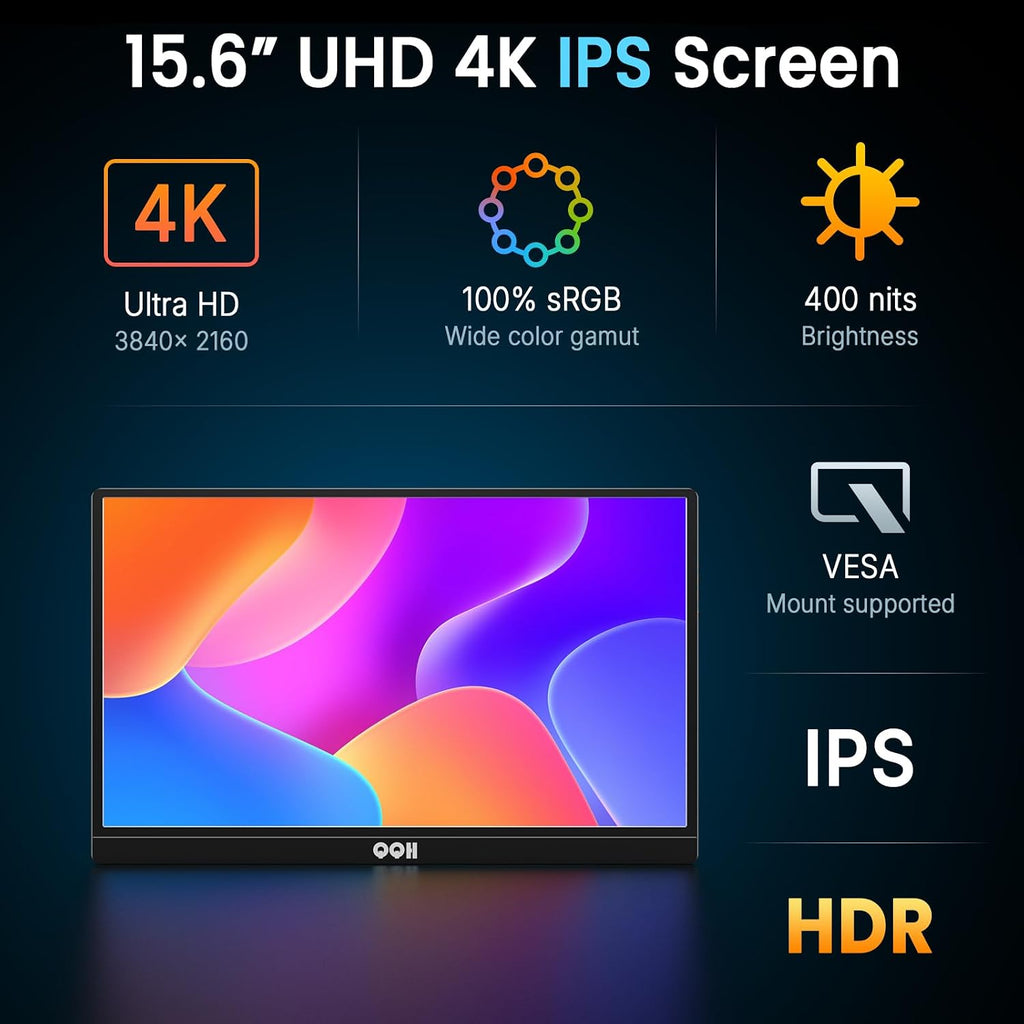 QQH 4K Portable Monitor, 15.6' IPS 3840x2160 UHD USB-C HDMI Travel Portable Monitor for Laptop, Ultra-Slim Alloy Gaming Monitor Second Display with w/Smart Cover for PC, Phone, PS5/4, Xbox, Switch
