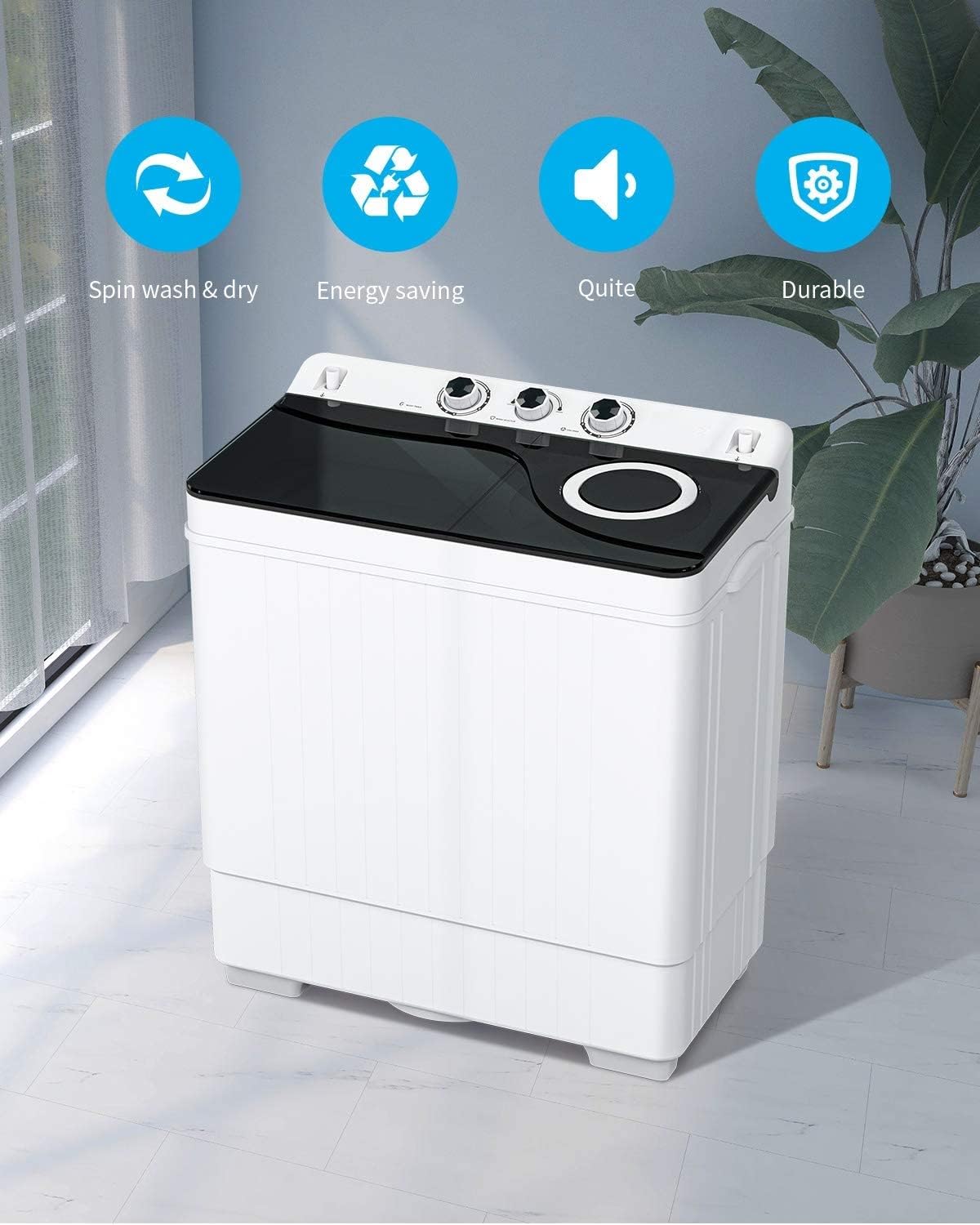 Compact Twin Tub Portable Mini Washing Machine 26lbs Capacity, Washer(18lbs)&Spiner(8lbs)/Built-in Drain Pump/Semi-Automatic (White&Black)