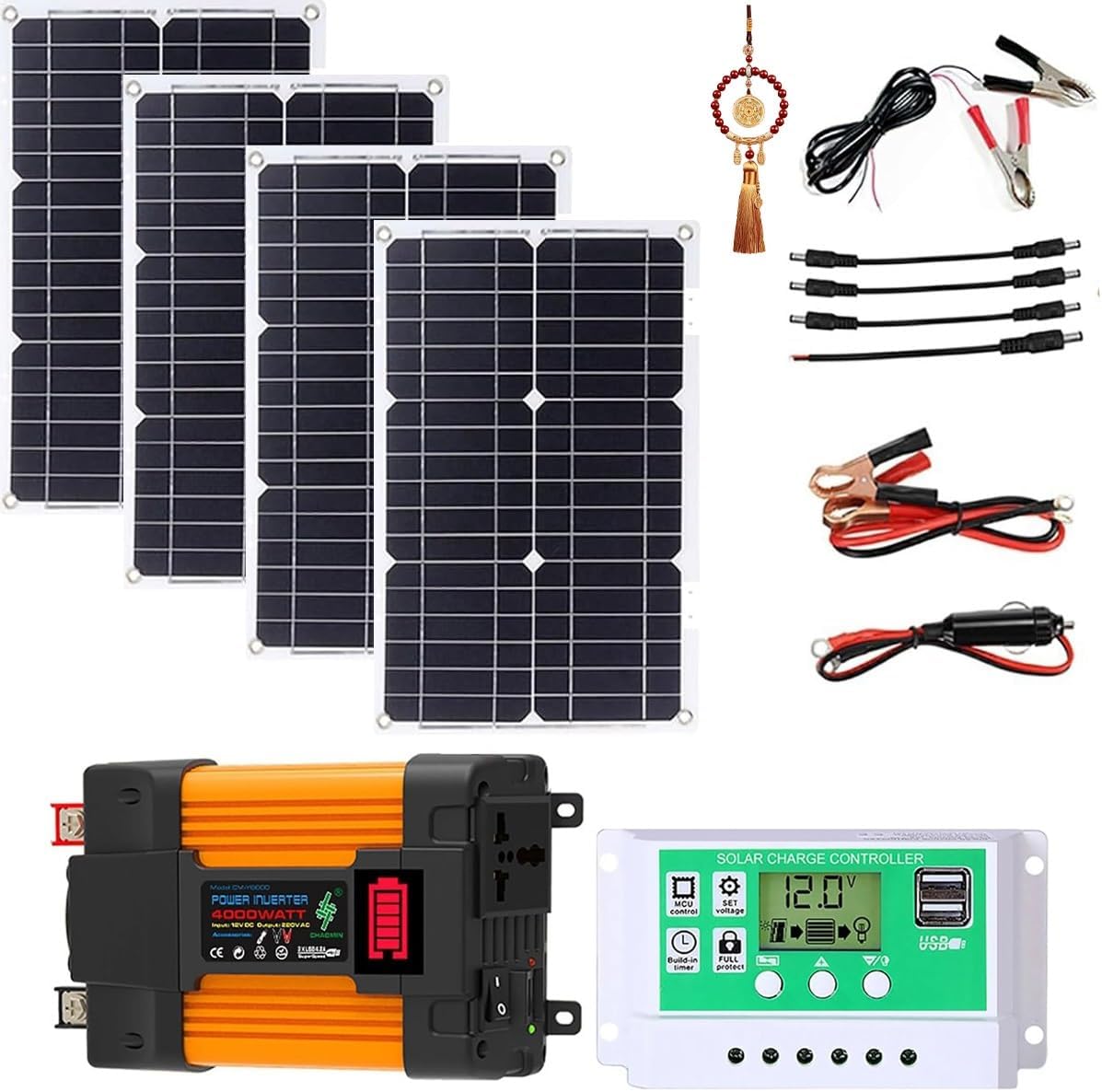 Solar Panel Kit, Complete 4000W/6000W Solar Inverter System Kit, 12V50A Solar Charge Controller with LED Power Display and 2 USB Ports ，100W Waterproof Folding Solar Panel,1× Hanging Ornament(4000w)