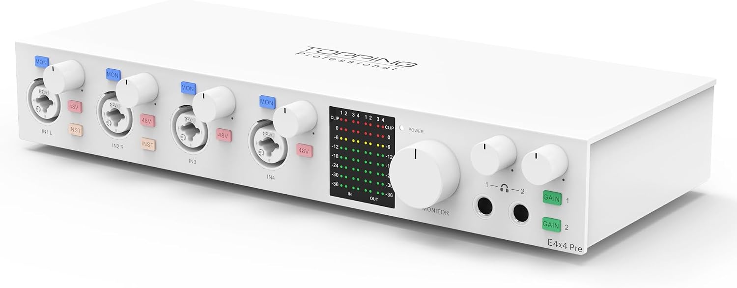 TOPPING E4X4 Pre USB Audio Interface - Dual USB-C Ports, 24bit/192kHz, 4IN/4OUT, Dual Headphone Outputs, Low Noise, Real-Time Monitoring, Mixer, for PC, Mac, iPhone, Professional Recording (White)
