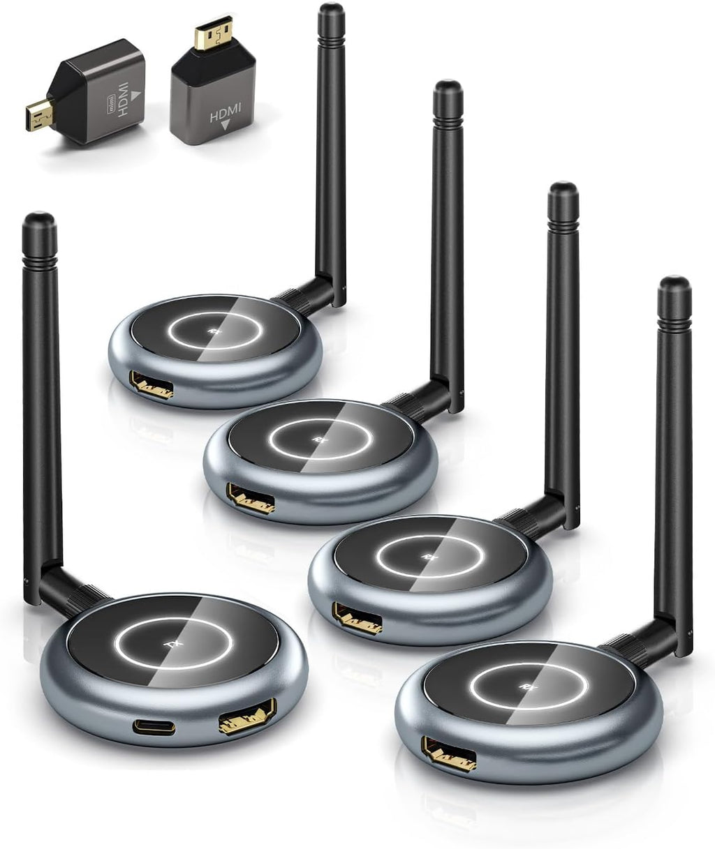 AIMIBO Wireless HDMI Transmitter and 4 Receivers, 5.8G, 4K Decode & 1080P@60Hz, 656FT HDMI Wireless Multiple TVs Extender for Casting Video/Audio from Laptop, Camera, TV Box to Projectors, Monitors