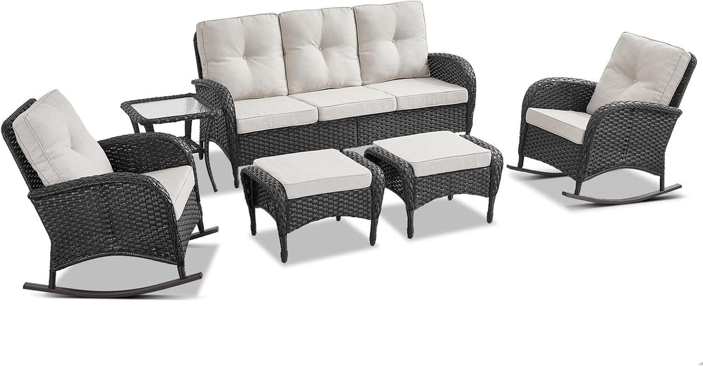 Belord Patio Rocking Chairs Furniture Set of 6, Outdoor Wicker Furniture Sets with Wicker Rocker, Small Patio Conversation Sets with Outdoor Couch Ottomans Black/Beige