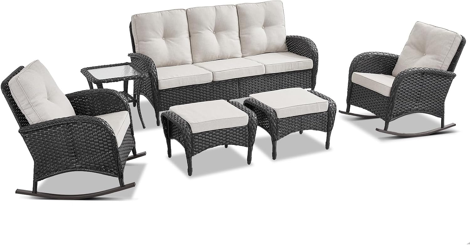 Belord Patio Rocking Chairs Furniture Set of 6, Outdoor Wicker Furniture Sets with Wicker Rocker, Small Patio Conversation Sets with Outdoor Couch Ottomans Black/Beige