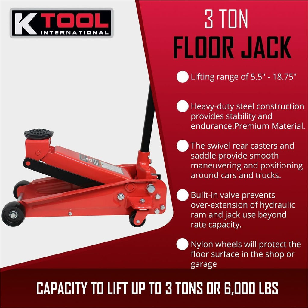 K Tool International 63131B 3 Ton Automotive Service Floor Jack for Garages, Repair Shops, and DIY, Portable, Compact, 6,000 lbs. Capacity, Hydraulic Lifting Range 5.5' - 8.75', Heavy Duty Steel, Red