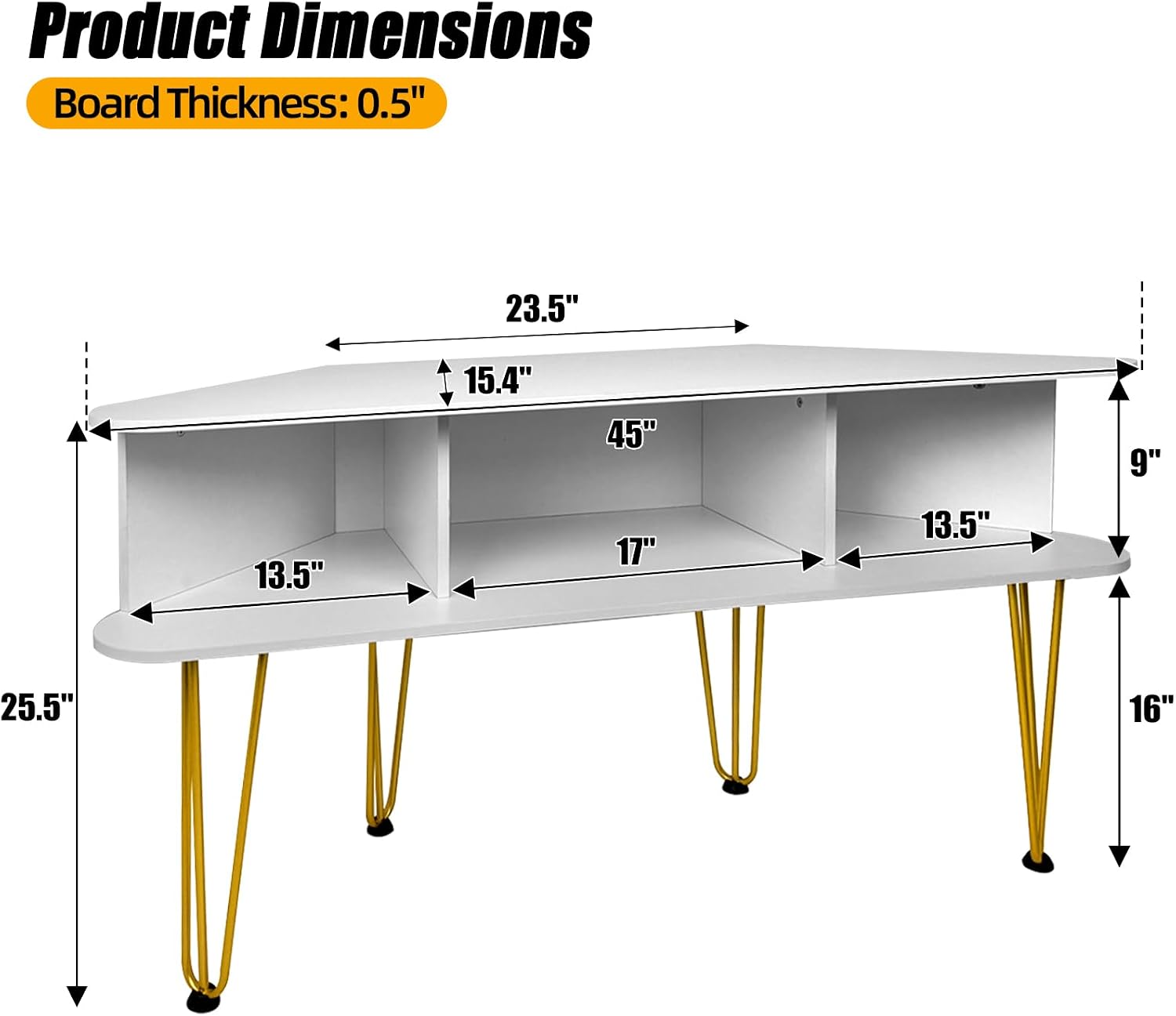 Corner TV Stand for 50 Inch TV, Entertainment Center with Storage Cabinet, Industrial Media Console Table with High Metal Feet and Anti-Slip Pads, TV Stand for Living Room, 50' TV Console, White