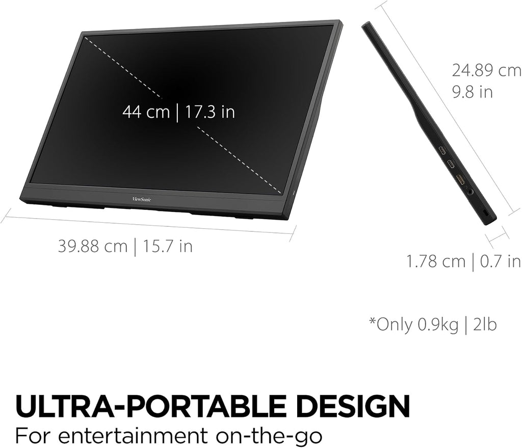 ViewSonic VX1754 17 Inch 1080p IPS Portable Gaming Monitor with 144Hz, AMD FreeSync,2 Way Powered 60W USB C, Mini HDMI, and Built-in Stand with Protective Cover (Renewed)
